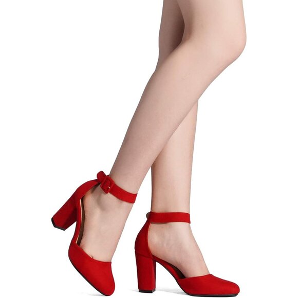 Dream Pairs Women Red Suede Faux Suede Block High Heel Closed Toe Sandal - Picture 7 of 8